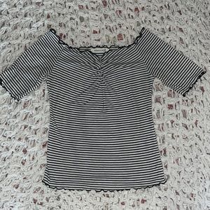 Caution to the Wind S black & white striped off-the-shoulder crop top